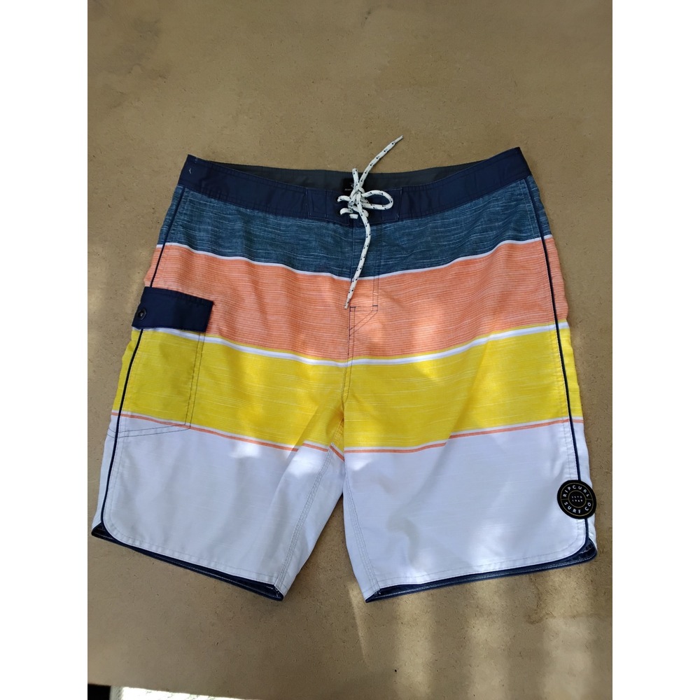 Rip Curl Mens Board Shorts Size 36 Striped Blue Orange Yellow Surf Trunks Pocket